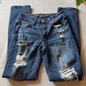 American Eagle Hi-Rise Slim Distressed Jeans Dark Wash Denim W 6 Long Y2K Grunge